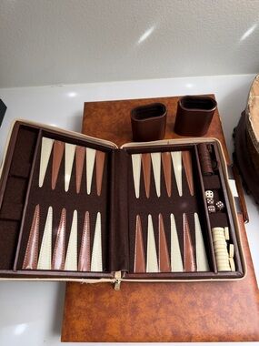 Vintage  Leather Backgammon Set - Brown & Cream Game Board